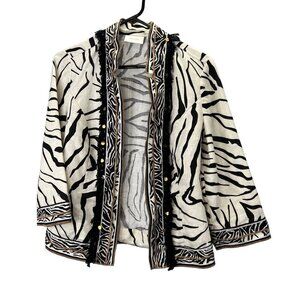 Chicos Animal Print Linen Jacket size 0 US S 4 Black Cream Embellished Fringe